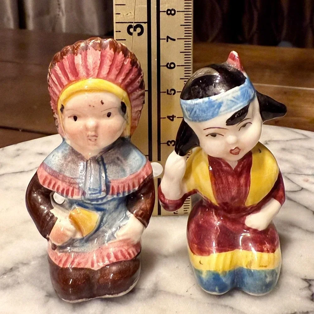 VINTAGE Native American Indian Ceramic Indigenous Boy Girl Salt & Pepper Shakers